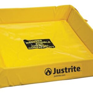 The yellow Justrite Spill Berm 2X2X4 features folded corners, a User responsible for chemical compatibility label, and the Justrite logo, ensuring safe containment with reliable construction.