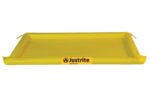 The Justrite Spill Berm 2X4X2 is a yellow spill containment solution with raised edges, featuring the Justrite logo and website for easy identification and efficient liquid spill management.