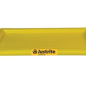 The Justrite Spill Berm 2X4X2 is a yellow spill containment solution with raised edges, featuring the Justrite logo and website for easy identification and efficient liquid spill management.