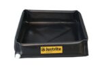 The Justrite Berm Mini Flex Tray 3X3X6 is a black plastic containment tray with a yellow label and white spout, designed for spill containment with raised edges on all sides for safety and efficiency.