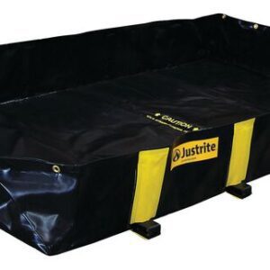 The Foldable black Justrite Berm spill containment berm, with yellow accents and Justrite branding, features RigidLock Qb 4X8X12 corner supports for stability. Designed to capture leaks or spills, its perfect for industrial or environmental settings.