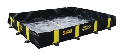 The Justrite Berm, Rigidlock Qb 6X8X12, is a black and yellow collapsible containment berm featuring raised edges and Rapid-Lock QuickBerm on its sides, designed for effective spill control.