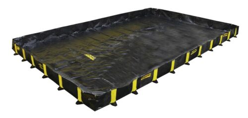 The Justrite Berm, Rigidlock Qb 12X20X12, is a large black rectangular containment mat with yellow side accents. Made from heavy-duty material and featuring raised edges, its perfect for spill containment or industrial use.