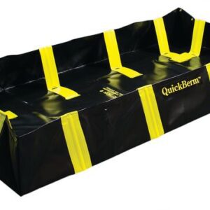 The Justrite Berm, Indust Qb 4X8X12, is a black and yellow rectangular spill prevention tool featuring reinforced edges and QuickBerm on the side for effective hazardous material containment.