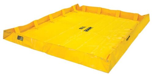 The Justrite Berm, Lite Qb 8X10X8, is a large yellow containment spill berm with raised sides and rectangular supports along the edges. It features warning labels and a smooth, shiny surface for optimal performance.