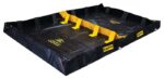 Introducing the Justrite Decon2 6X10X8 black spill containment berm, complete with yellow interior supports and handles for easy maneuvering. Ideal for capturing leaks, its durable design prominently displays the brand name on the sides.