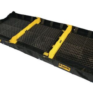 The Justrite Berm in black and yellow features three interlocking grated sections for effective spill containment and is ideal for capturing liquids, with elevated sides displaying the brand name. Its robust design mirrors the Decon3 6X16X8 model.