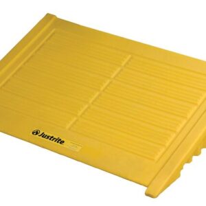 The Justrite Ramp, 4 Drum Sq, Ecopoly, Yel is a yellow plastic ramp with a grooved surface and raised edges for safety and accessibility. Justrite is printed near the bottom, offering reliable support and durability.