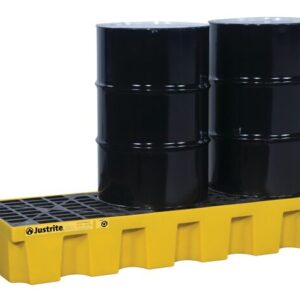 Two black industrial barrels sit on a yellow Justrite Pallet, 3 Drum, Ecopoly model with a grid-like surface, designed for eco-friendly spill containment and efficient leak management.