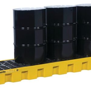 Three black industrial barrels are securely placed on a grated surface of the Justrite Pallet, 4 Drum Inline, Eco Yel, expertly designed to hold them safely in place.