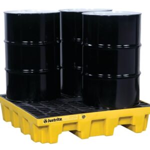 Four black industrial barrels sit on a bright yellow Justrite Pallet, 4 Drum Sq, Eco Yel. This design features a grated surface to catch leaks, ensuring safety and reliability, with Justrite prominently displayed.