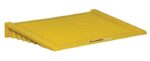 Meet the Justrite Ramp, designed for the 2+ Drum Accm Ctr Eco Yel. This yellow plastic ramp features a textured surface and side borders for enhanced safety and accessibility, with a prominent brand label on top.