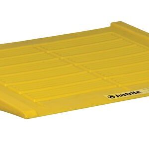 Meet the Justrite Ramp, designed for the 2+ Drum Accm Ctr Eco Yel. This yellow plastic ramp features a textured surface and side borders for enhanced safety and accessibility, with a prominent brand label on top.