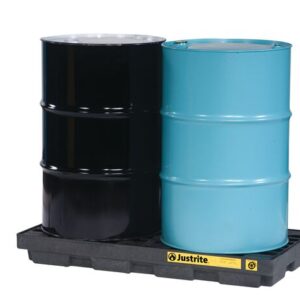 Two industrial drums, one black and one blue, are securely placed on a Justrite Accum Ctr, 2 Drum, Ecopoly Blk spill containment pallet.