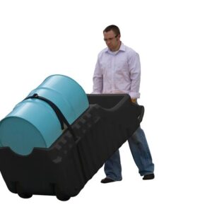 A person in a light shirt and jeans carefully pushes a Justrite Caddy, Drum, Indr/Outdr Eco Bk, angled to secure two blue barrels with a strap against a plain white backdrop.