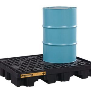 A blue metal drum sits on a Justrite Pallet F/Drmshd, 2 Drm, Eco Bk with a black grid surface spill containment pallet. The Justrite label ensures safe and reliable handling for 2-drum setups.