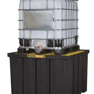 A large white industrial container with a metal frame sits on a Justrite Pallet, Ibc Indoor, Ecopoly black spill containment pallet, featuring a visible nozzle at the bottom.