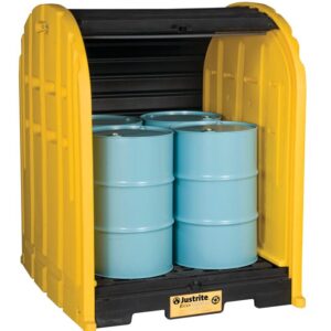 A Justrite Drumshed W/Pllt, 4 Drm, Ecoply with a black interior holds three blue metal drums. Its open front displays the contents and the Justrite logo, offering a perfect blend of functionality and robust design for secure storage needs.