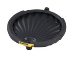 The Justrite Funnel, Drum, Nonflam, Eco Blk features a ribbed interior and small spout with a yellow label. Its design ensures safe and efficient pouring while maintaining nonflammable qualities for added safety.
