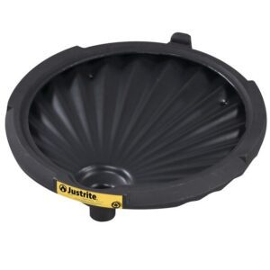 The Justrite Funnel, Drum, Nonflam, Eco Blk features a ribbed interior and small spout with a yellow label. Its design ensures safe and efficient pouring while maintaining nonflammable qualities for added safety.