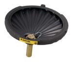 The Justrite Funnel, Drum, Flambls, Eco Blk is a black safety funnel with a wide ridged surface, brass cylindrical spout, chain-linked cap, and prominently displays the yellow Justrite label on its rim. Designed for use with drums.