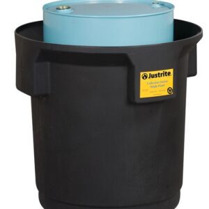 A blue drum rests inside a black spill containment basin with a yellow Justrite Collection Ctr Sgl Drm, Eco Bk label. The basin has robust vertical ridges for secure and eco-friendly containment.