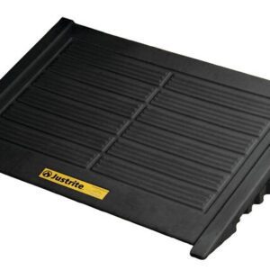 The Justrite Ramp is a black, rectangular wedge-shaped pad with a textured surface and a yellow brand label. Designed for 4 Drum Sq setups, its made from durable Ecopoly material.