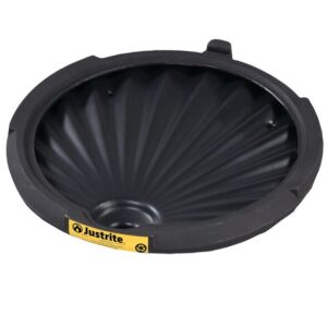 The Justrite Drum Funnel W/O Spout Eco is a black, round funnel featuring a fluted interior. Its exterior edges have a yellow Justrite label and an eco-friendly recycling symbol, emphasizing sustainability.