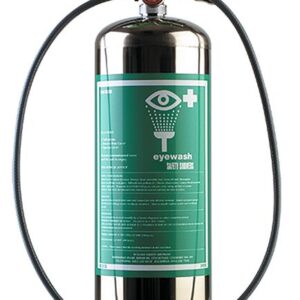 The Justrite H Efwsh Sc Press 2.9Gal is a sleek silver eyewash safety station canister with a green label and nozzle, featuring an eye with a cross and a flexible hose, perfect for emergency eye rinsing in industrial environments.