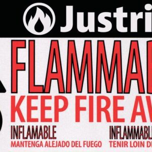 The Justrite Label, Hazalert Flamm, Sm features a warning with the Justrite logo, bold FLAMMABLE KEEP FIRE AWAY text, flame and crossed-out flame symbols. Translations: Spanish (INFLAMABLE MANTENGA ALEJADO DEL FUEGO) and French (INFLAMMABLE TENIR LOIN DES FLAMMES).