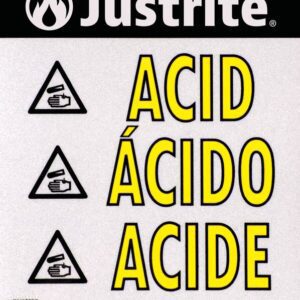 The Justrite Label, Hazalert Acid, Lg features the logo at the top. Below it, rows of Hazalert Acid symbols display a hand under water. The text ACID appears in English, Spanish (ÁCIDO), and French (ACIDE).