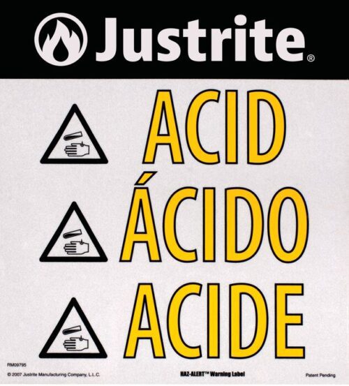 The Justrite Label Hazalert Acid sign, size small, prominently displays Acid in English, Spanish (Ácido), and French (Acide), alongside warning symbols of a hand and a test tube with liquid.