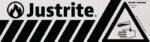 The Justrite logo appears next to a triangle warning sign depicting a hand near a falling object for caution. The striped background mirrors the distinctive style of the Justrite Label, Hazalert Acid Band, Sm for increased visibility.