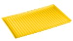 The Justrite Tray, Poly F/29939, is a yellow, rectangular plastic tray with a ridged surface, shown from a slight angle.