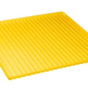 A yellow Justrite Tray, Poly F/29944 60G, features raised horizontal ridges and is viewed at a slight angle. Its glossy surface reflects light, and the slightly elevated edges add style.