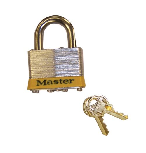 A robust Justrite Lock, Master 5, with a yellow stripe and Master 5 text is displayed next to two silver keys, highlighting its reliability.