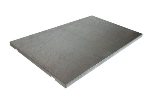 A sleek 36W rectangular Justrite Shelf Splslp slab of polished metal, angled against a white background, offers a smooth, reflective allure.