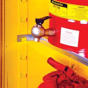 Inside a yellow Justrite Metal Storage Cabinet are two red safety cans; the top can is labeled caution with a valve spout, and the bottom has a closed handle. This cabinet, named Justrite Shelf Splslp, Dispng 30/45G, efficiently organizes chemicals with adjustable shelves.