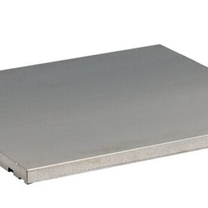 The Justrite Shelf Splslp, 60G/34W, is displayed at a slight angle. With its smooth metallic gray finish, it looks flat and thin against the plain white background.