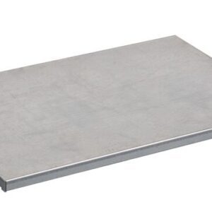 An overhead view reveals a sleek, rectangular metal plate with sharp edges in light gray, resembling stainless steel or aluminum. Its the Justrite Shelf Splslp, Fmhd 19G/30, displaying modern industrial design.