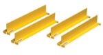 The Justrite Dividers F/Shlf, Set/4, 14 Yl comprises four identical yellow metal shelf brackets arranged in pairs. Each bracket features a flat horizontal platform with vertical supports and small labels on the front to secure shelving units effectively.