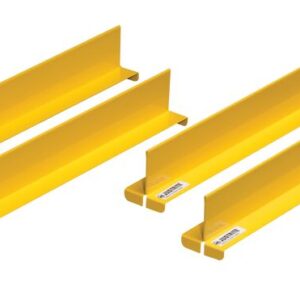 The Justrite Dividers F/Shlf, Set/4, 14 Yl comprises four identical yellow metal shelf brackets arranged in pairs. Each bracket features a flat horizontal platform with vertical supports and small labels on the front to secure shelving units effectively.
