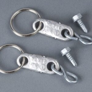 Two metal keychains, designed to mimic the durability of a Justrite Fusible Link Replcmt F/Cabinet, rest on a gray background. Each includes a circular ring and detachable screw-in clasp, with two replacement screws beside them for easy maintenance.