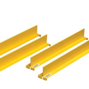 Four parallel yellow metal beams with an L-shaped cross-section, identified as Justrite Dividers F/Shlf, Set/4, 18 Yl, are displayed on a white background and feature small labels with text.