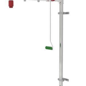 The Justrite H,Cmbshwr,Wlmnt,Cld Abs Bwl,Ss emergency safety shower and eye wash station is marked with green signs for body and eye washing, featuring a pull handle for rapid activation. Made from durable metal, it is perfect for industrial or laboratory settings.