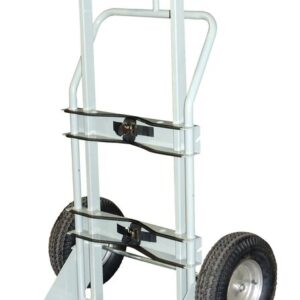 The Justrite Cyl Ht,1Cyl,Fpt,16 is a two-wheeled hand truck with a light gray metal frame and black wheels. It features a flat base for lifting objects and dual handles for easy maneuvering. Its 16-inch sturdy, textured tires provide superior grip.