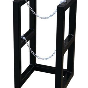 The Justrite Gcyl Barricade Rack, 1X1 is a black metal rectangular frame with an industrial and minimalist design, featuring chains connecting the sides for support. Ideal for securely holding various objects, its simple structure offers a practical solution reminiscent of modern utility racks.