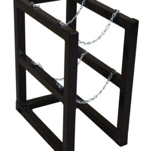 The Justrite Gcyl Barricade Rack,1X2 is a black metal stand with a rectangular frame and two horizontal supports. It includes two chains diagonally across each side, enhancing its stability or functionality.