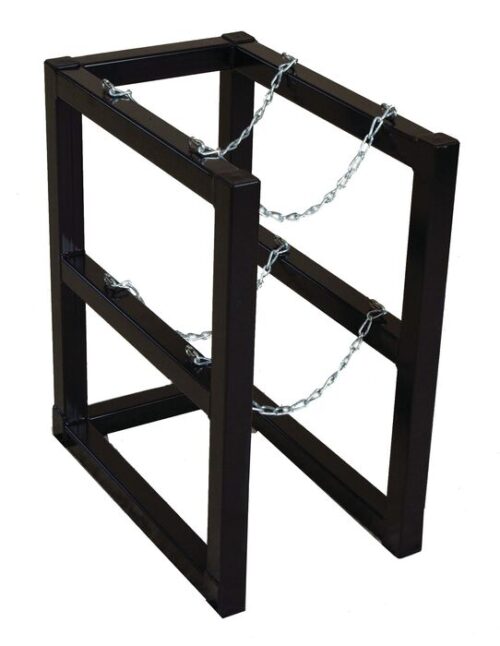 The Justrite Gcyl Barricade Rack,1X2 is a black metal stand with a rectangular frame and two horizontal supports. It includes two chains diagonally across each side, enhancing its stability or functionality.