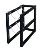 The Justrite Gcyl Barricade Rack,1X3 is a black metal stand with a rectangular frame featuring two horizontal bars on each side and silver chains forming a supportive grid. It stands empty against a white background.